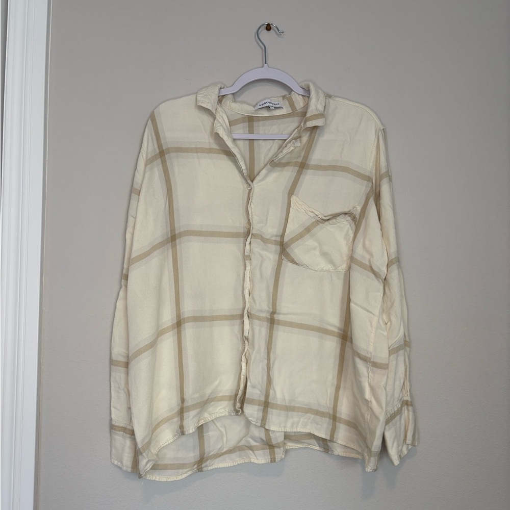 WeWoreWhat | Brushed Flannel Button Up & Drawstring Pull On Pant Set | Ecru | L - Picture 5 of 8